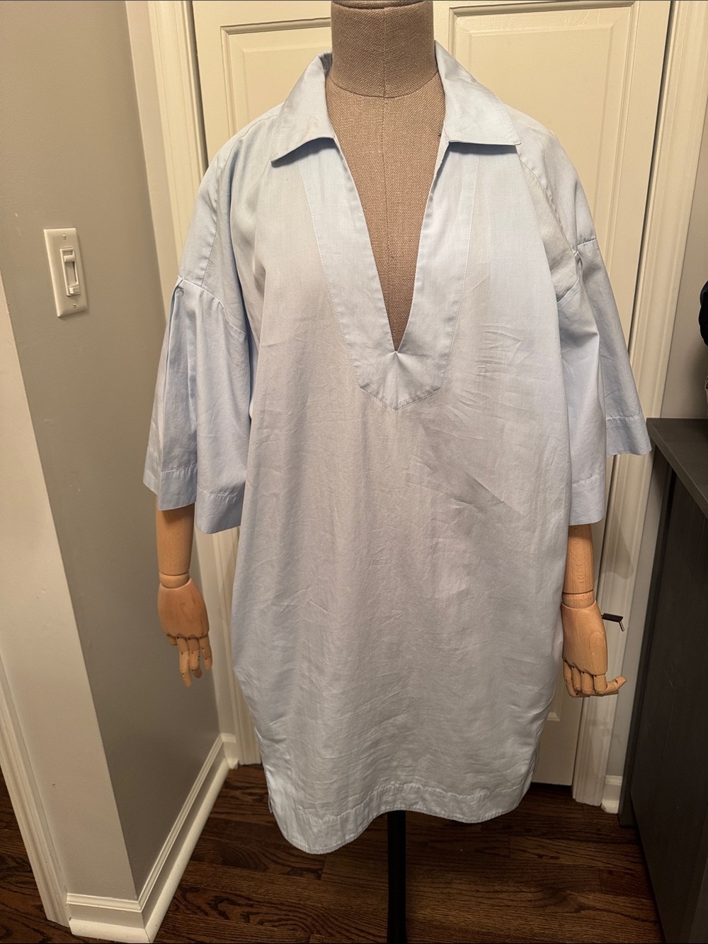 Frame Cotton Light Blue Plunge Collar Casual Dress